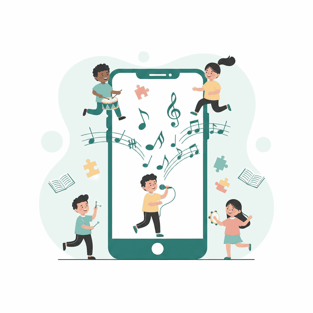 Children making music around a phone illustration